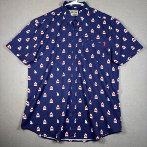 RSVLTS The Roosevelts Navy Shark Print Short Sleeve Button Up Shirt Mens XL